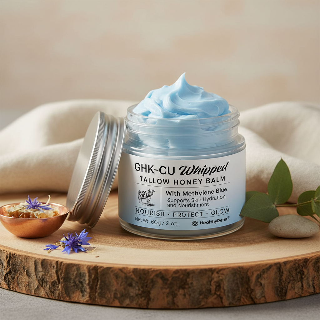 Beef Tallow GHK-CU Balm in luxurious wellness setting